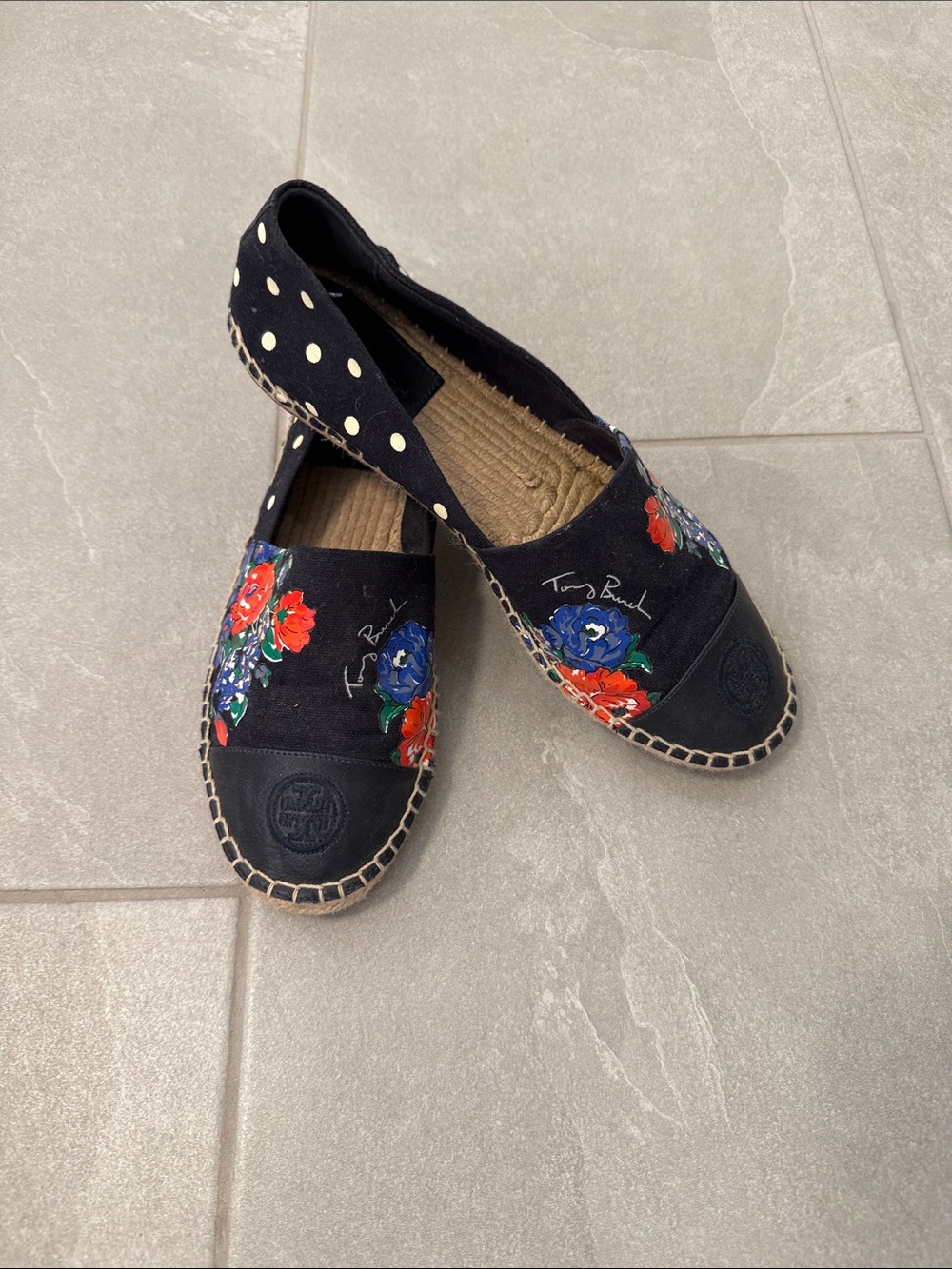 Tory Burch Blue Floral Espadrille Slip-Ons with Polka Dot Heel